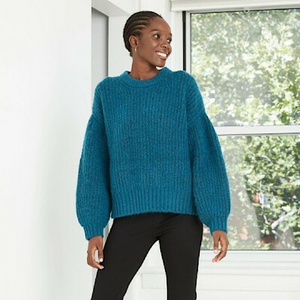 A New Day | blue turquoise balloon sleeve sweater